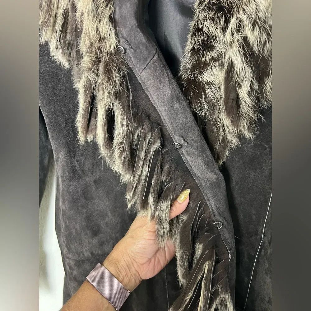 Raffaelo Leather Suede Coat with Fur Trim - Picture 8 of 15